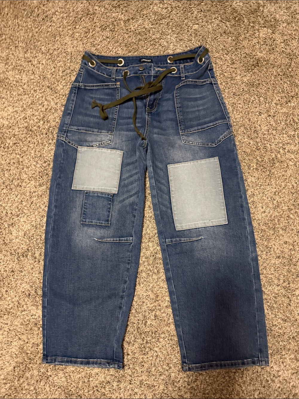 Women’s Patchwork Boyfriend Jeans in Blue with Drawstring Waist